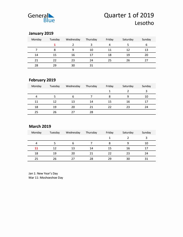 2019 Q1 Three-Month Calendar for Lesotho