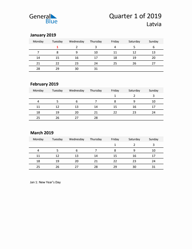 2019 Q1 Three-Month Calendar for Latvia