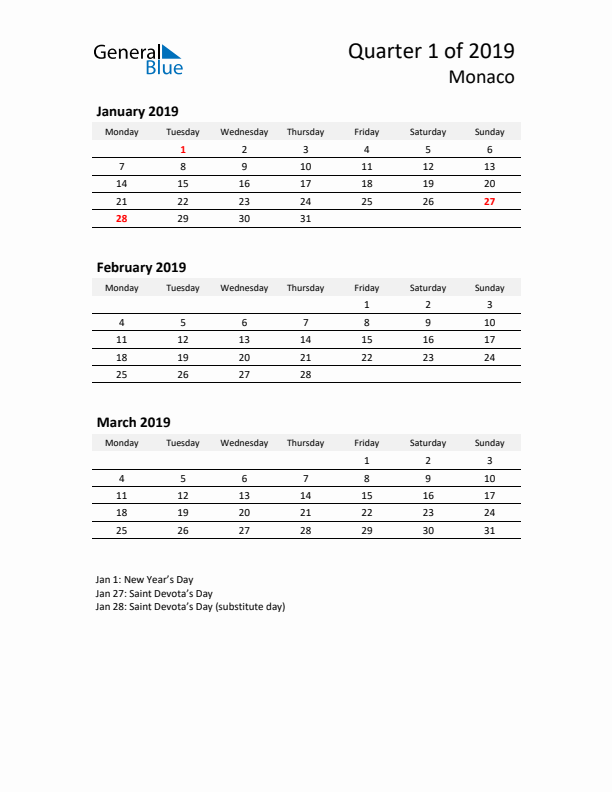 2019 Q1 Three-Month Calendar for Monaco