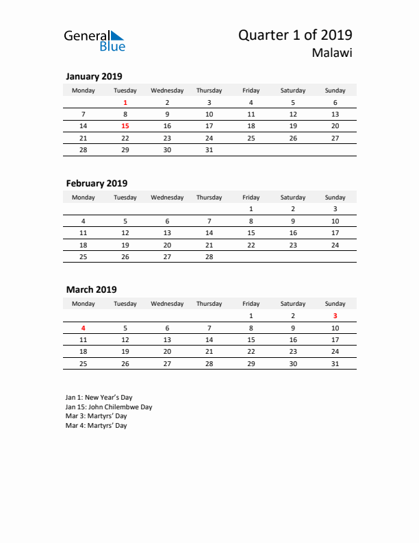 2019 Q1 Three-Month Calendar for Malawi