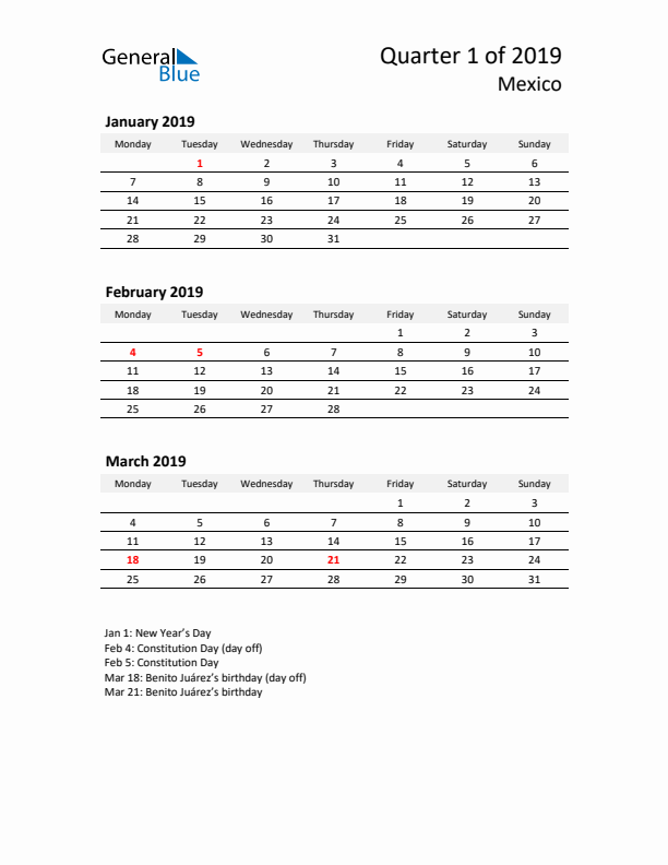 2019 Q1 Three-Month Calendar for Mexico