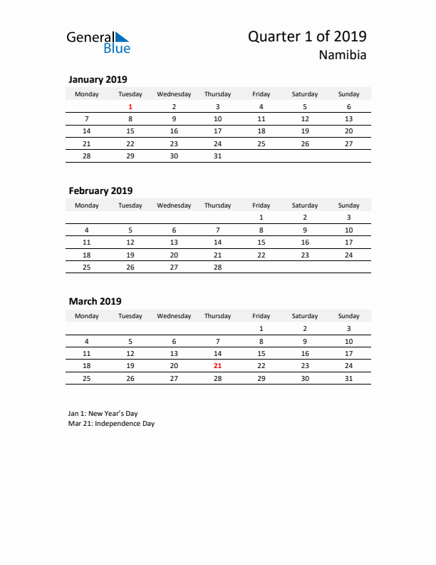 2019 Q1 Three-Month Calendar for Namibia