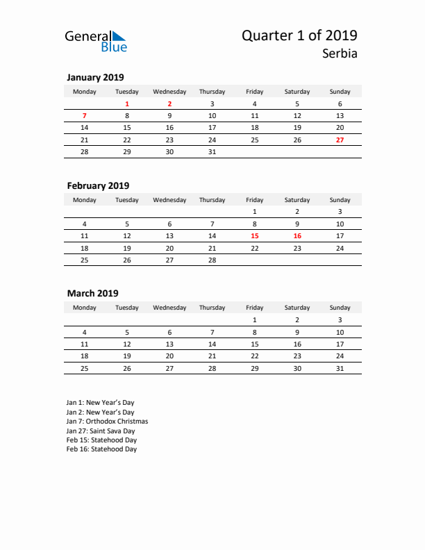 2019 Q1 Three-Month Calendar for Serbia