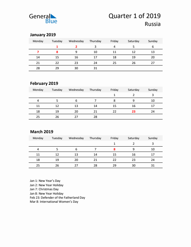 2019 Q1 Three-Month Calendar for Russia