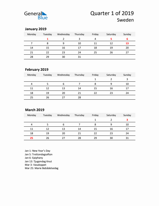 2019 Q1 Three-Month Calendar for Sweden