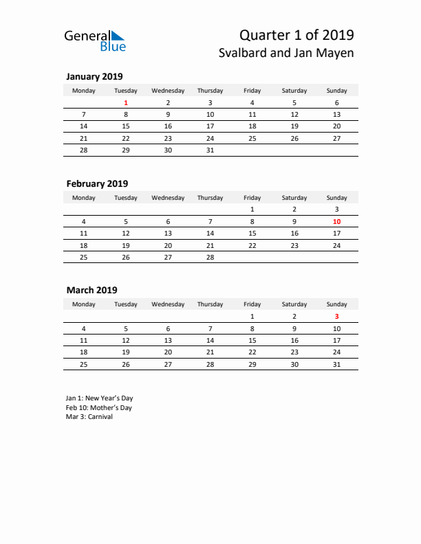 2019 Q1 Three-Month Calendar for Svalbard and Jan Mayen