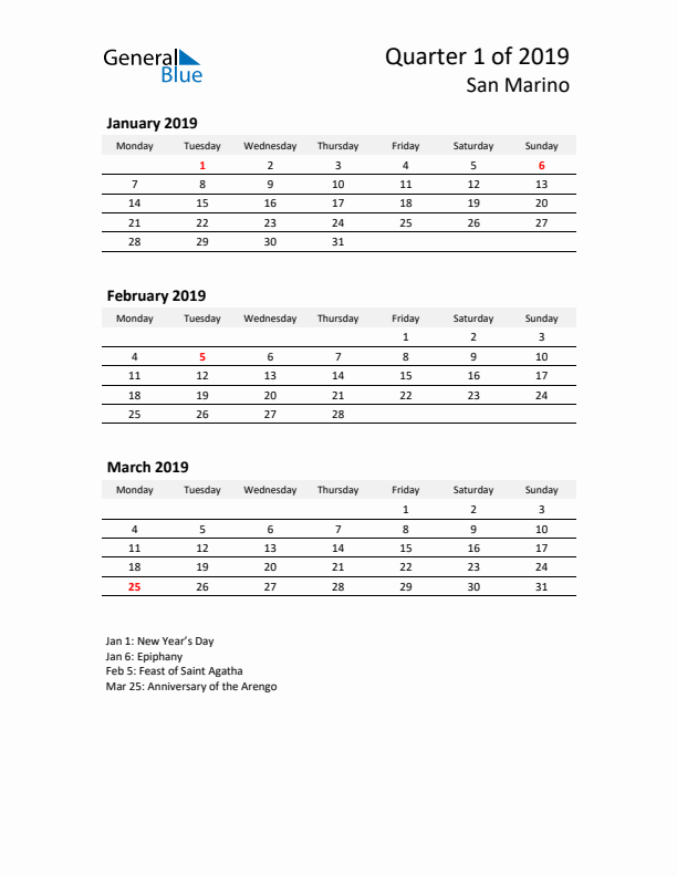 2019 Q1 Three-Month Calendar for San Marino