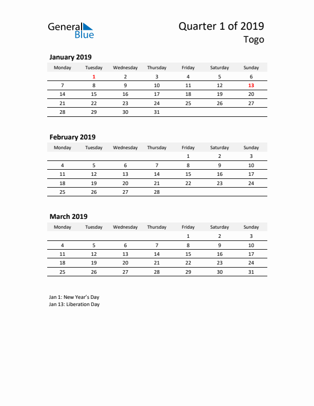 2019 Q1 Three-Month Calendar for Togo