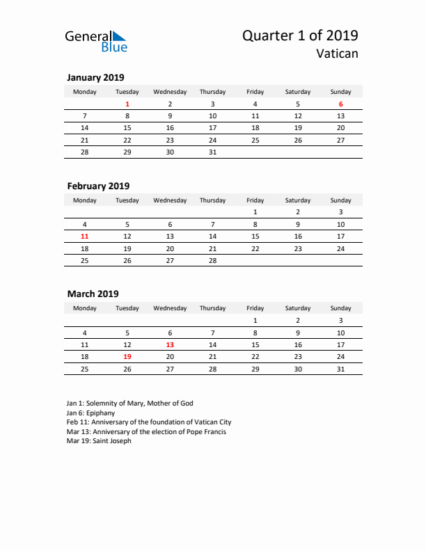 2019 Q1 Three-Month Calendar for Vatican