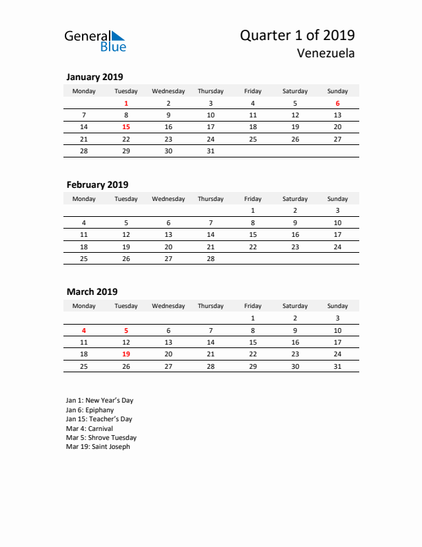 2019 Q1 Three-Month Calendar for Venezuela