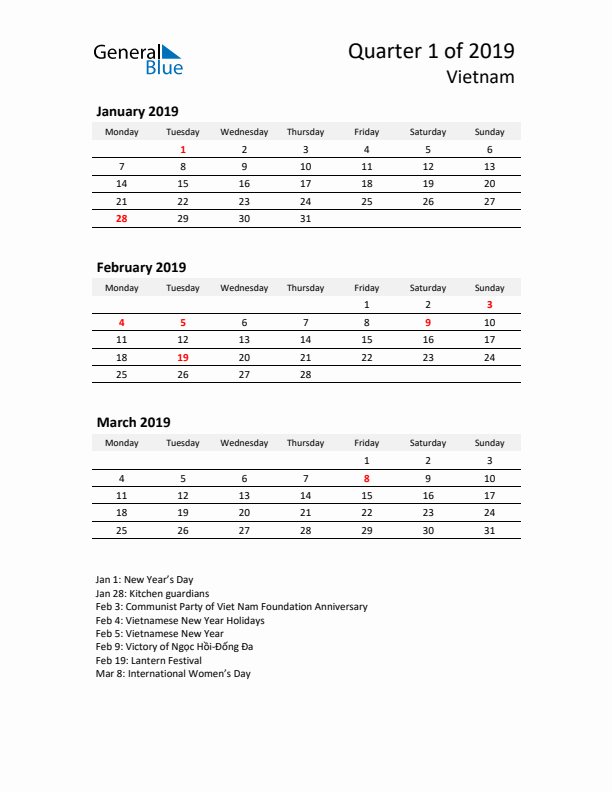 2019 Q1 Three-Month Calendar for Vietnam