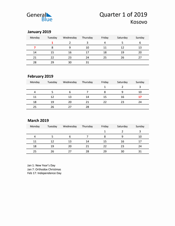 2019 Q1 Three-Month Calendar for Kosovo