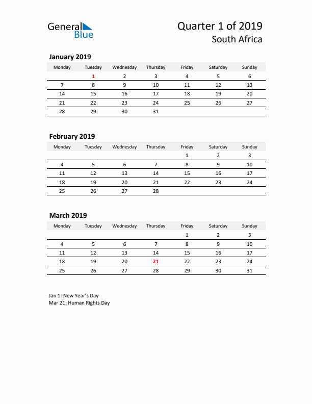 2019 Q1 Three-Month Calendar for South Africa