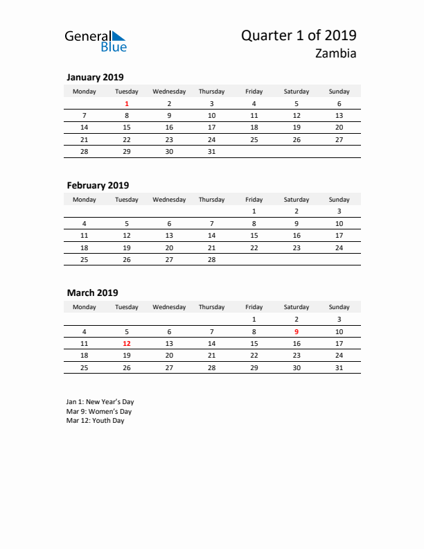 2019 Q1 Three-Month Calendar for Zambia