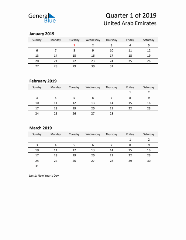 2019 Q1 Three-Month Calendar for United Arab Emirates