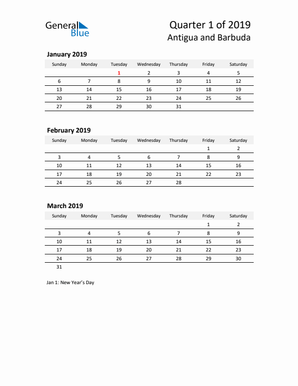 2019 Q1 Three-Month Calendar for Antigua and Barbuda