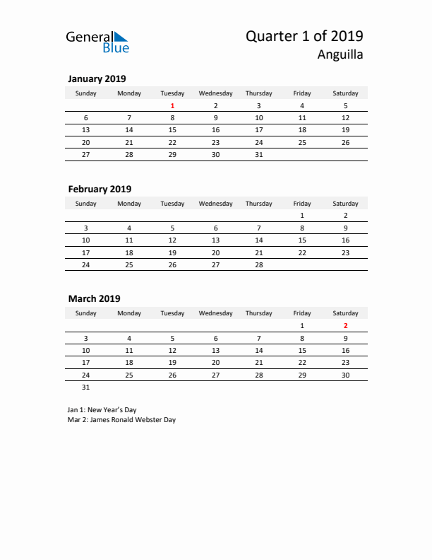 2019 Q1 Three-Month Calendar for Anguilla