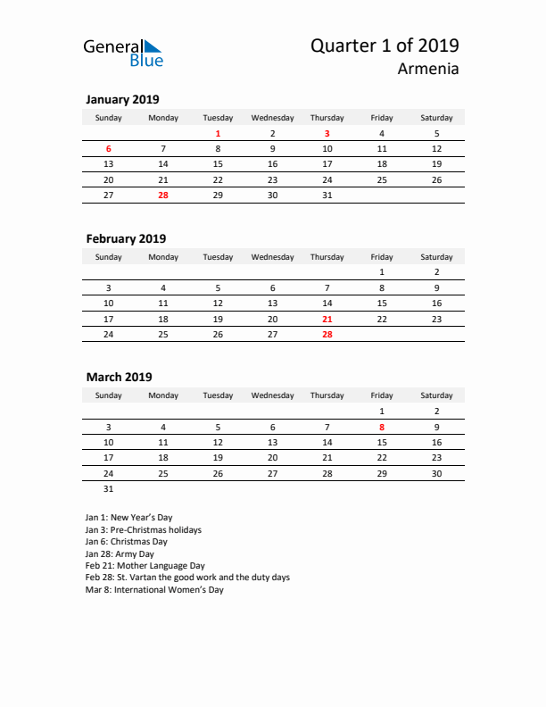 2019 Q1 Three-Month Calendar for Armenia