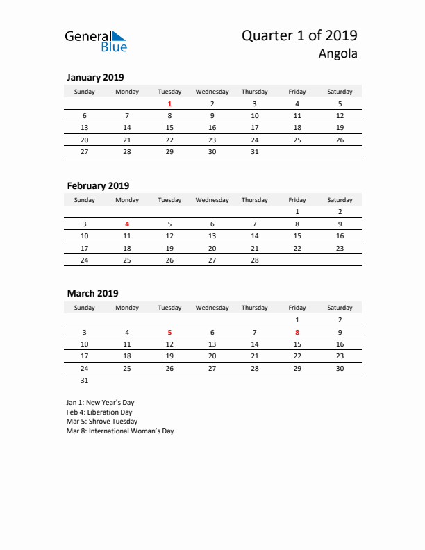 2019 Q1 Three-Month Calendar for Angola