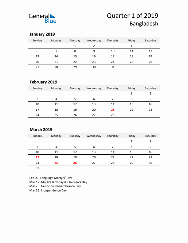 2019 Q1 Three-Month Calendar for Bangladesh