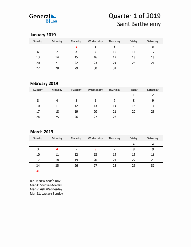 2019 Q1 Three-Month Calendar for Saint Barthelemy