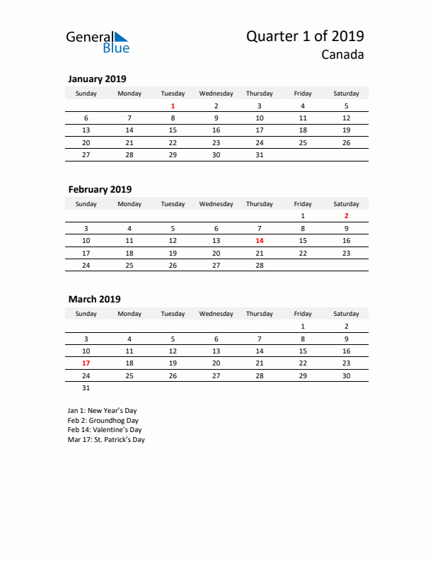 2019 Q1 Three-Month Calendar for Canada