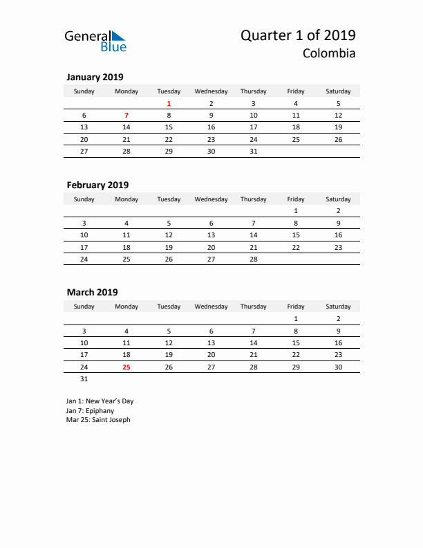 2019 Q1 Three-Month Calendar for Colombia