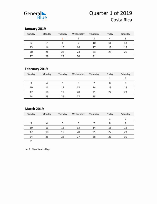 2019 Q1 Three-Month Calendar for Costa Rica