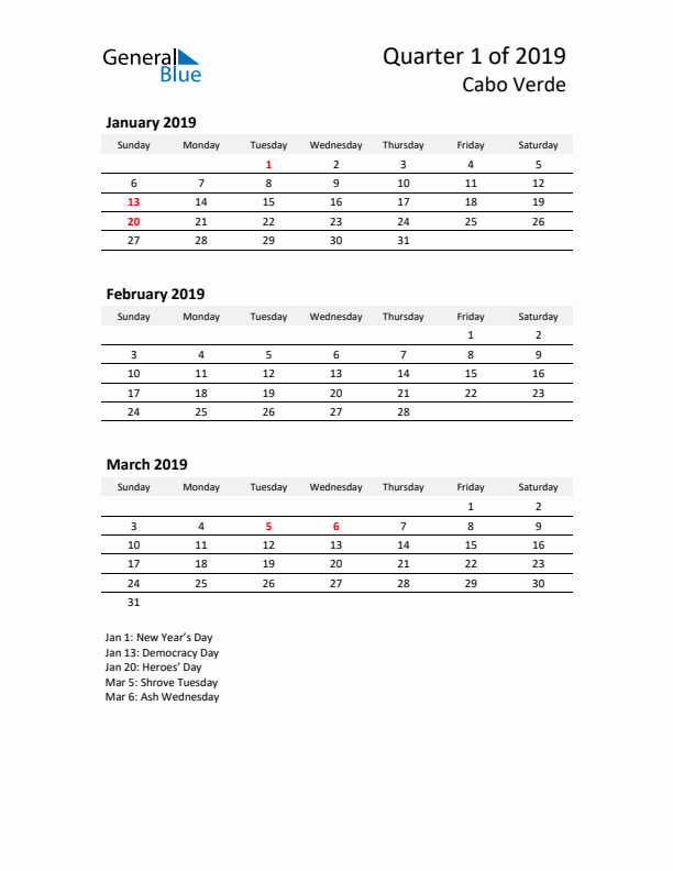 2019 Q1 Three-Month Calendar for Cabo Verde