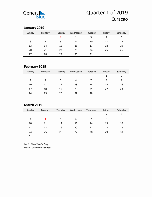 2019 Q1 Three-Month Calendar for Curacao