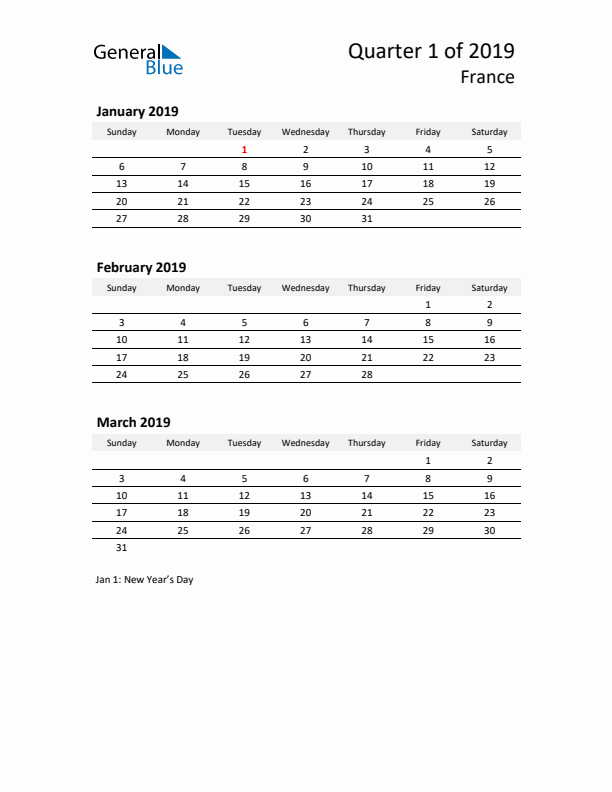 2019 Q1 Three-Month Calendar for France