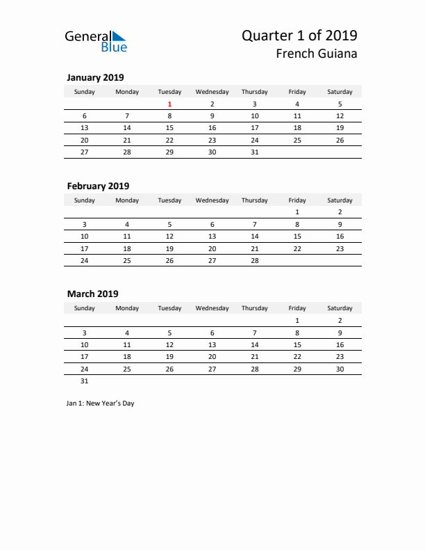 2019 Q1 Three-Month Calendar for French Guiana