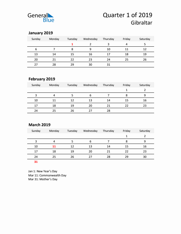 2019 Q1 Three-Month Calendar for Gibraltar