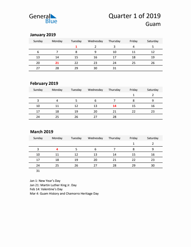 2019 Q1 Three-Month Calendar for Guam