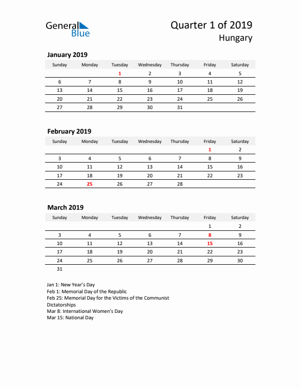 2019 Q1 Three-Month Calendar for Hungary