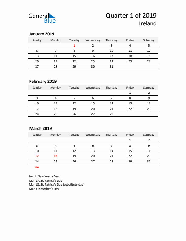 2019 Q1 Three-Month Calendar for Ireland