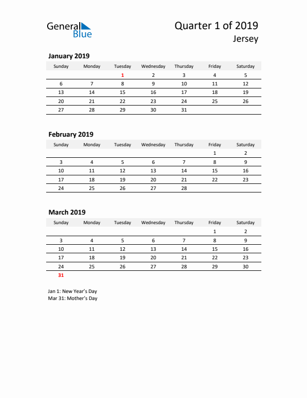 2019 Q1 Three-Month Calendar for Jersey