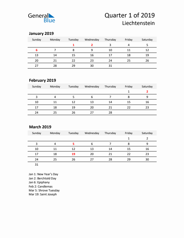 2019 Q1 Three-Month Calendar for Liechtenstein