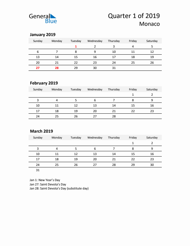 2019 Q1 Three-Month Calendar for Monaco