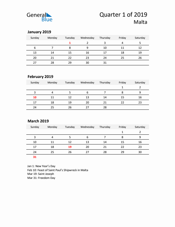 2019 Q1 Three-Month Calendar for Malta