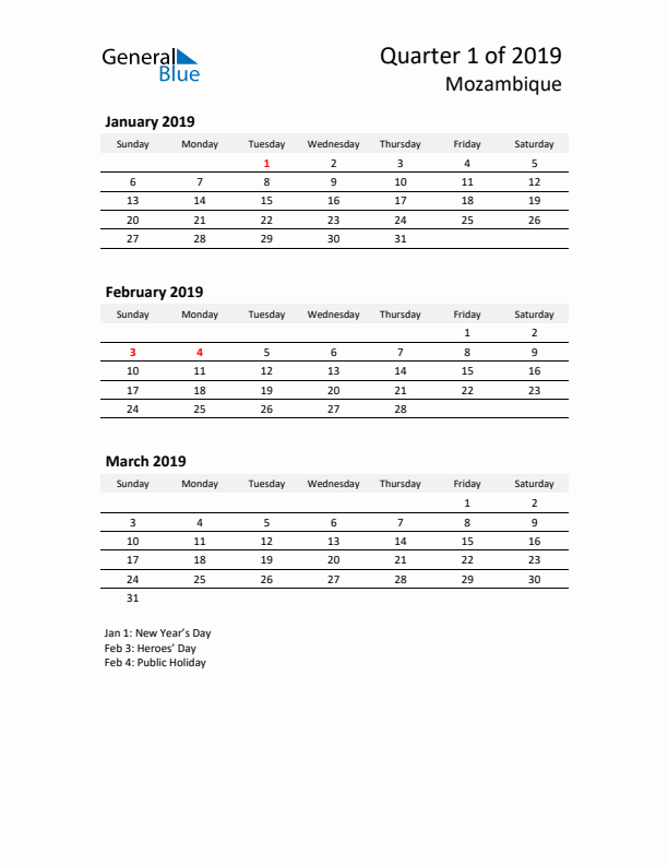 2019 Q1 Three-Month Calendar for Mozambique