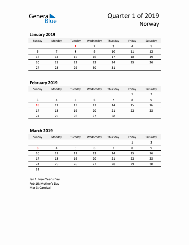 2019 Q1 Three-Month Calendar for Norway