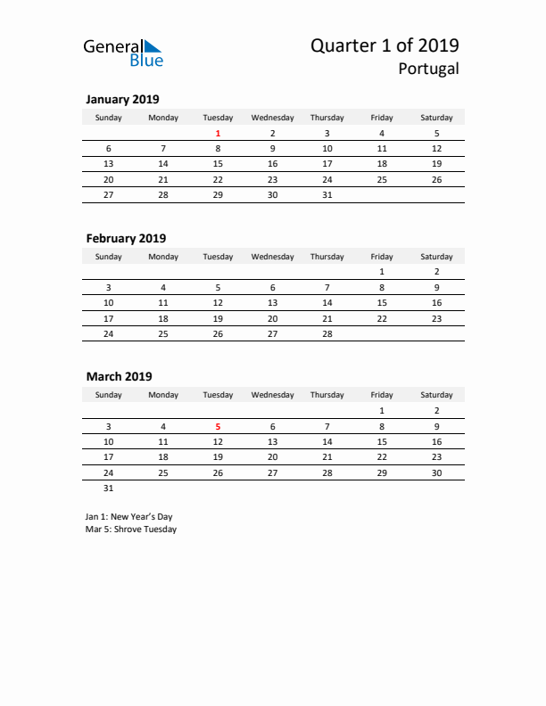 2019 Q1 Three-Month Calendar for Portugal