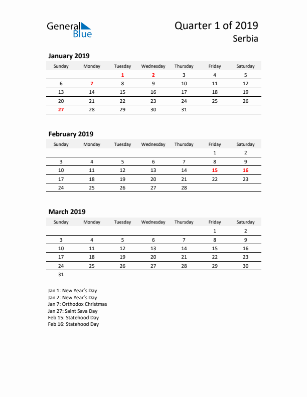 2019 Q1 Three-Month Calendar for Serbia