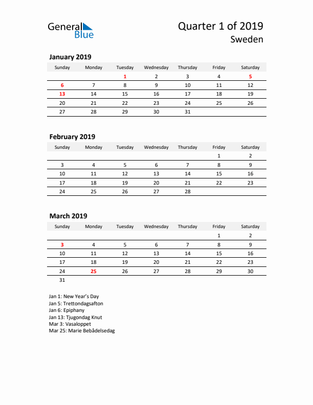 2019 Q1 Three-Month Calendar for Sweden