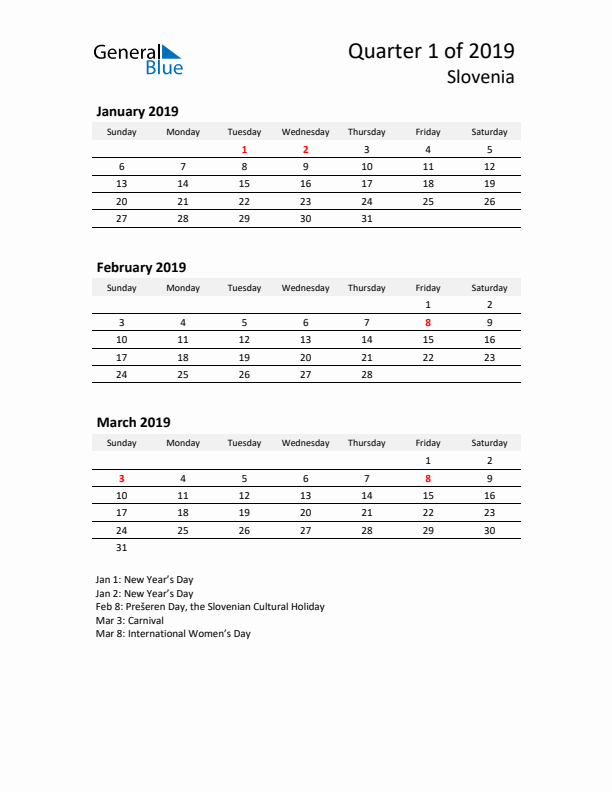 2019 Q1 Three-Month Calendar for Slovenia