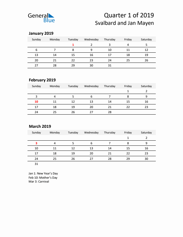 2019 Q1 Three-Month Calendar for Svalbard and Jan Mayen