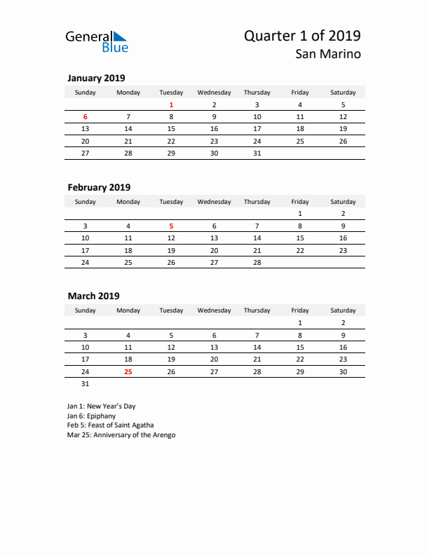 2019 Q1 Three-Month Calendar for San Marino