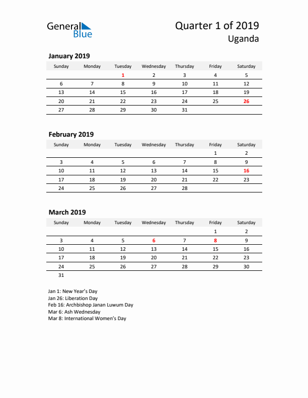 2019 Q1 Three-Month Calendar for Uganda