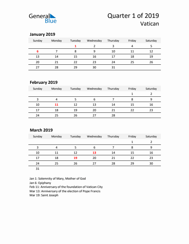 2019 Q1 Three-Month Calendar for Vatican